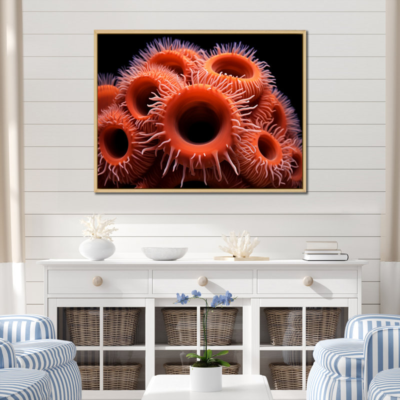 " Orange Giant Plumose Anemone ", 30" H x 40" W x 1.5" D, Natural Floater Framed