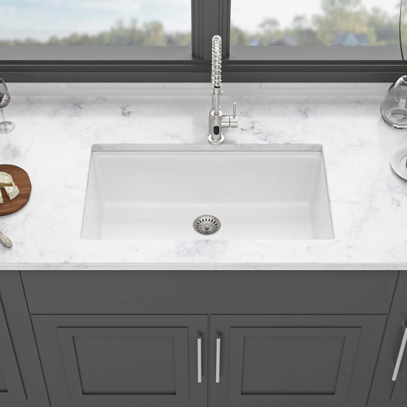 Évier de cuisine en quartz - Évier de cuisine 33 x 19 po en granite blanc