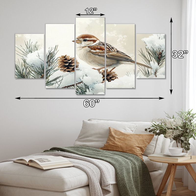 Oiseau moineau dans les pins d'hiver I - Art mural oiseau - ensemble de décorations murales modernes
