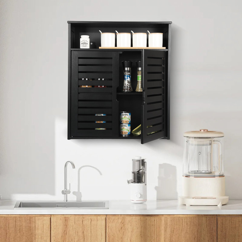 Armoire murale en bambou, armoire de rangement murale pour salle de bain, armoire à pharmacie suspendue noire avec portes doubles, rangement en bambou pour la salle de bain, la cuisine et le salon