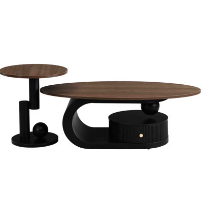 Nesting Coffee Table Of 2 - Black Centre And Side Tables For Primary Living Space, Large 47.24'' Oval Small 19.69'' Round, Safe Stable Room Round Tables, Natural Wood Tone , Metal Frame, Easy To