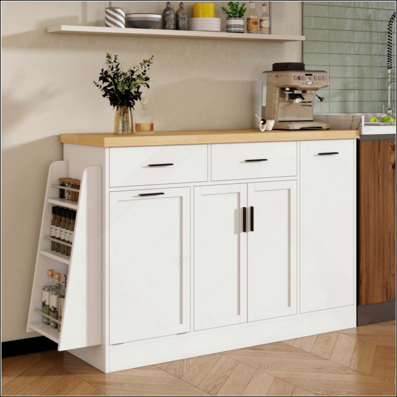 Buffet de rangement multifonctionnel, rangement pour poubelle, armoire à porte coulissante et support à épices à 3 niveaux, îlot de cuisine pour la cuisine, la salle à manger