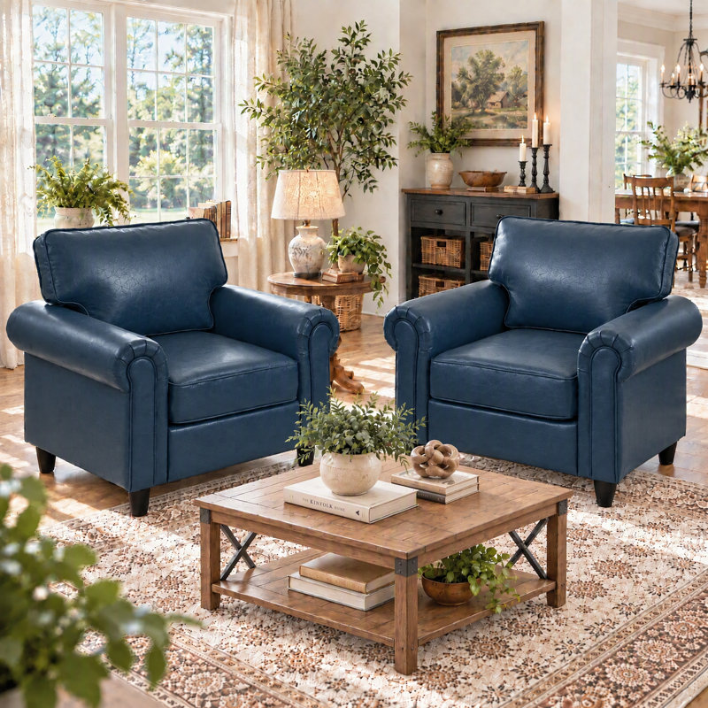 39.4" W Upholstered Accent Chair Faux Leather Armchair Transitional (Set Of 2), Royal Blue