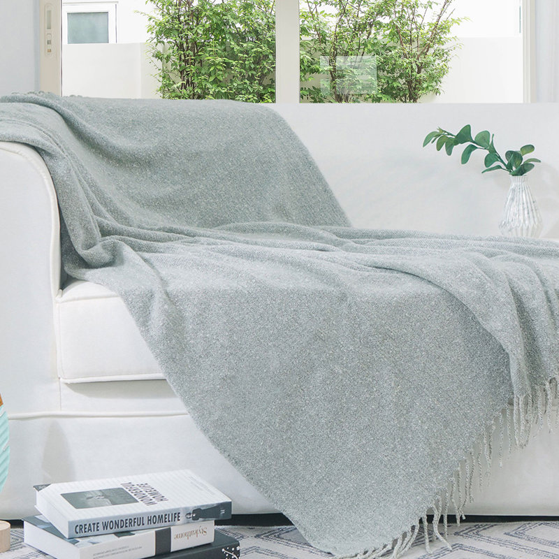 Ultra Soft Gray Wool Knitted Throw Blanket with Fringe