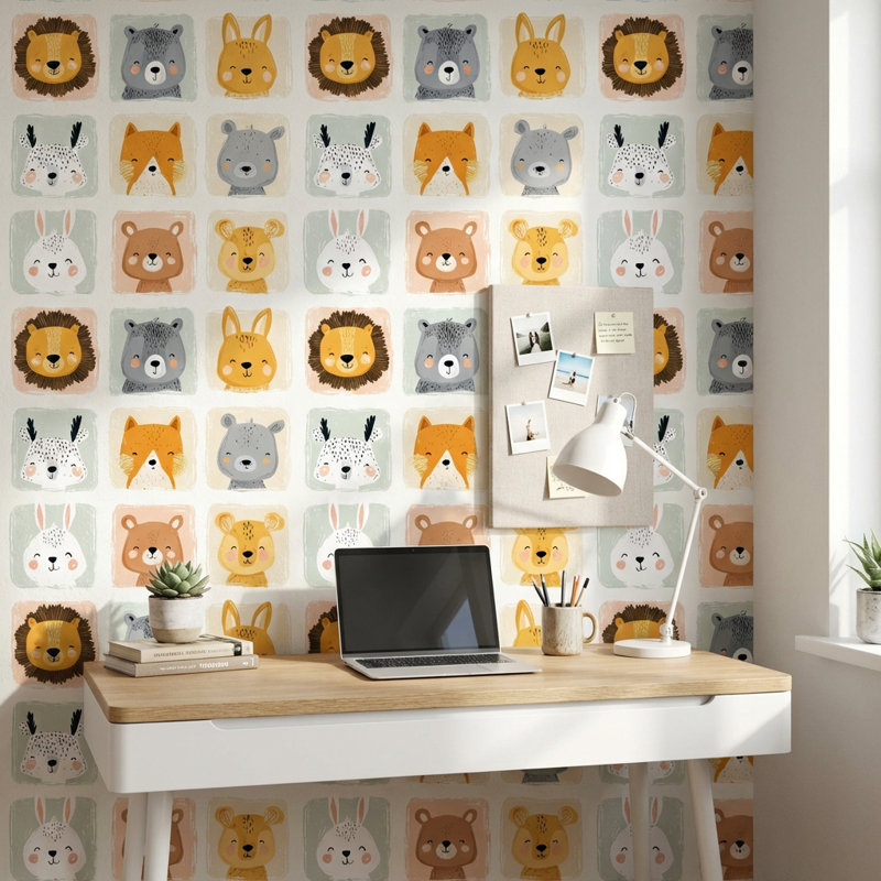 Dessin animé animaux papier peint double rouleau amovible pastel ludique, Texturé non collé
