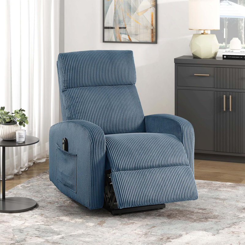 Contemporary Power Lift Chair Recliner With Plush Corduroy Upholstery And Comfort Side Pocket For Living Room, Blue