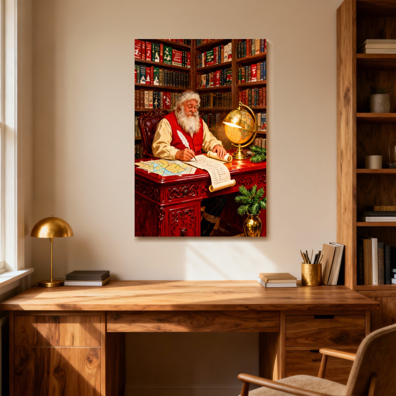 Père Noël écrivant une lettre au bureau avec globe, H 40 po x l 28 po