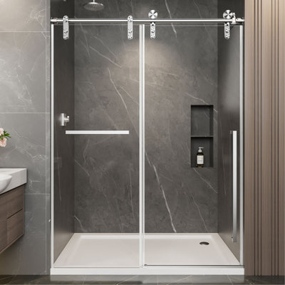 Écran de porte de douche coulissante sans cadre de 44 à 48 po x H 76 po, verre trempé transparent de 5/16 po (8 mm) avec film antidéflagrant