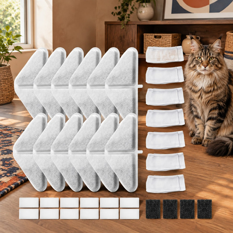 Replacement Kit for 230oz/7L dog fountains with a 5-layer filtration system, containing 12 filters, 12 mesh bags, and 14 sponges.