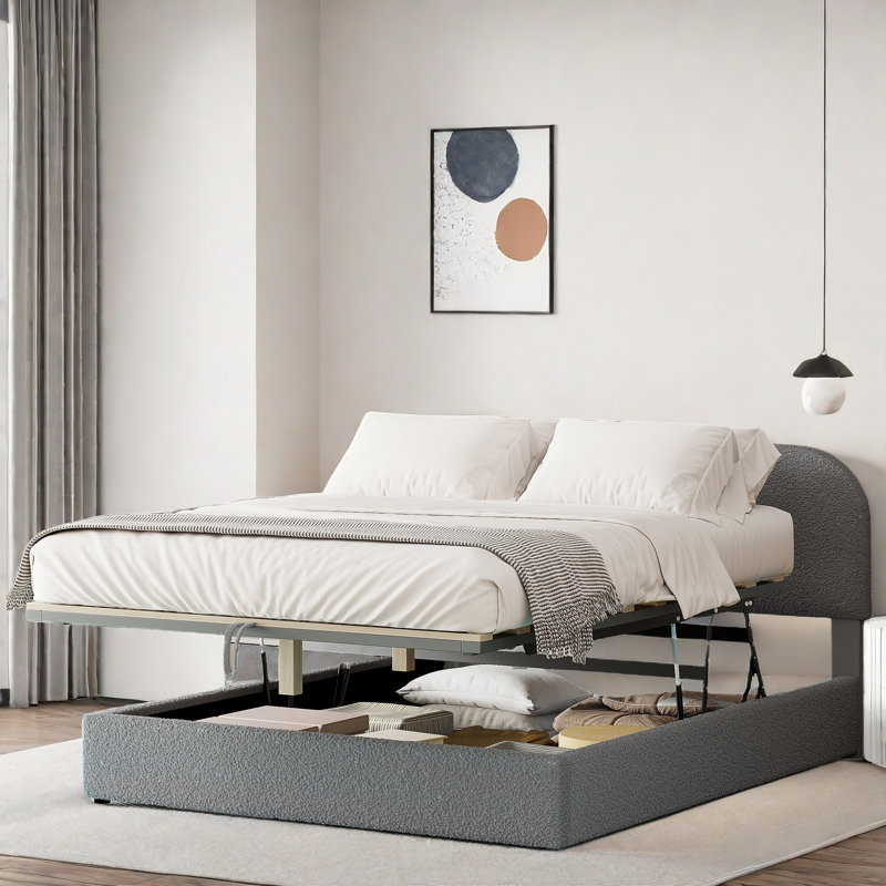 Gray Upholstered Queen Platform Bed with Hydraulic Storage