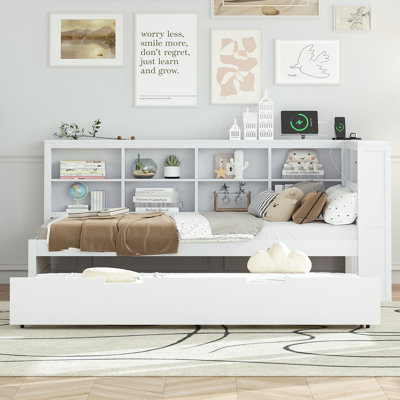 Emareon Wooden Space Saver Daybed with Trundle, USB Charger and 2 Storage Shelf