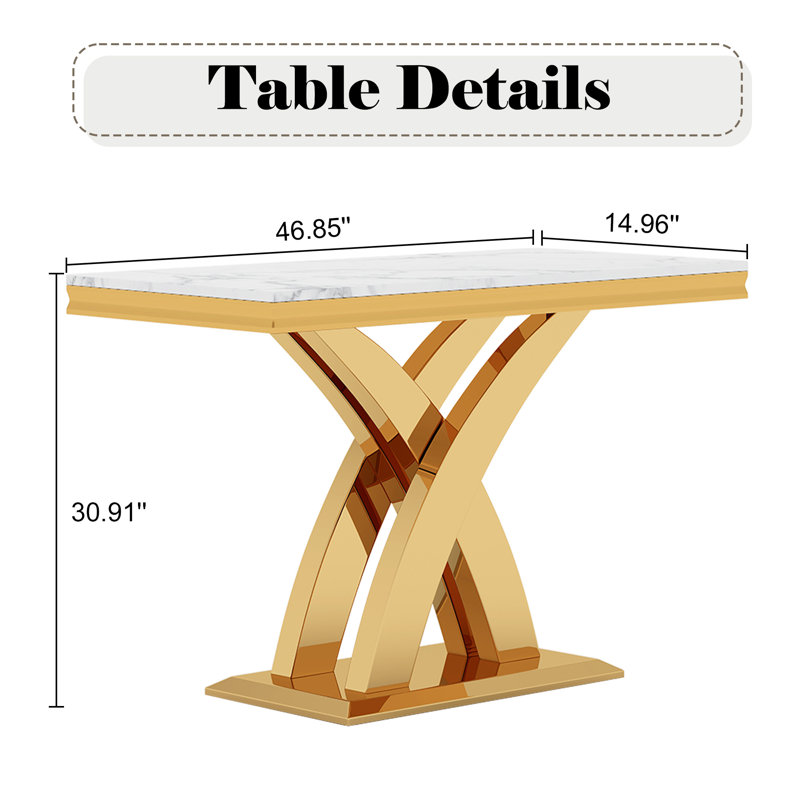 46.85" Console Tables For Entryway With Luxury Mirrored Double X-base, Gold, Matte White