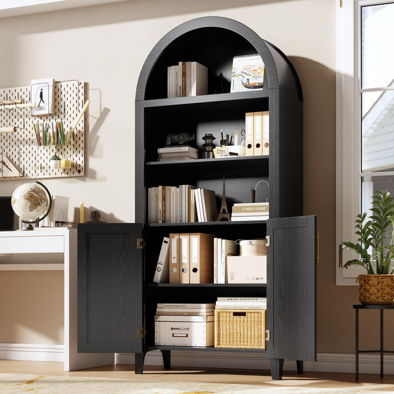 Bibliothèque de 63 po avec portes et décor en rotin, armoire de rangement ouverte à 5 niveaux pour bureau personnel, Noir