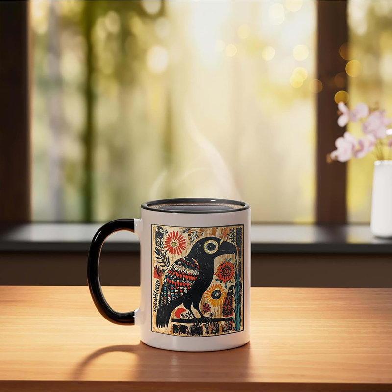 Raven With Flowers Ceramic Mug, Black/White, 11oz