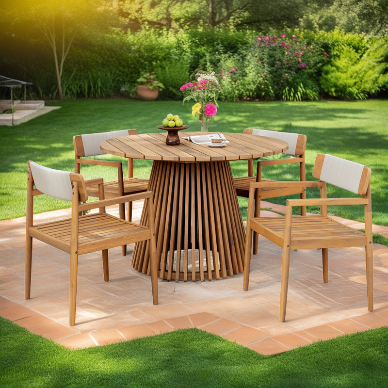 Ensemble de salle à manger d'extérieur en bois d'acacia - ensemble de table ronde et 4 fauteuils, Blanc/naturel