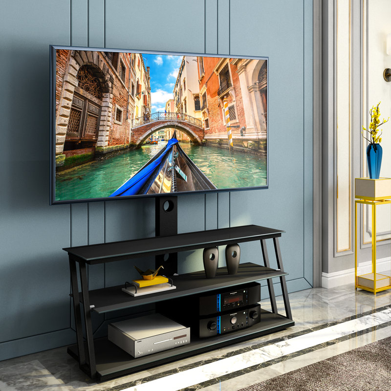 Meuble télé pivotant en verre noir pour téléviseur de 32 à 65 pouces avec construction et rangement pratiques