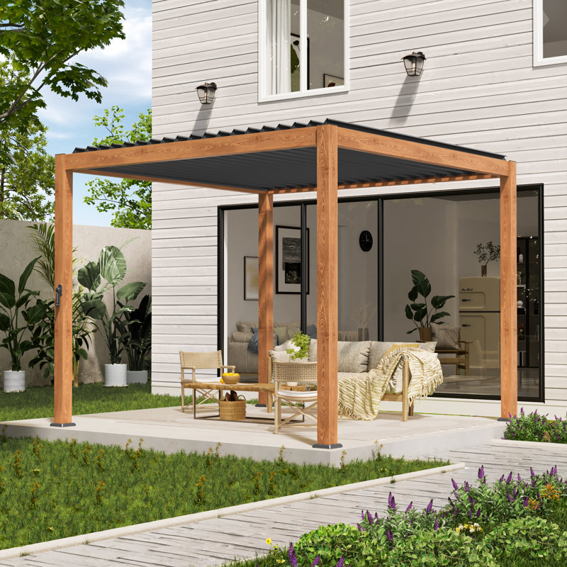 Aluminum Pergola with Louvered Canopy, Wood Texture, 10 Ft. x 10 Ft.	