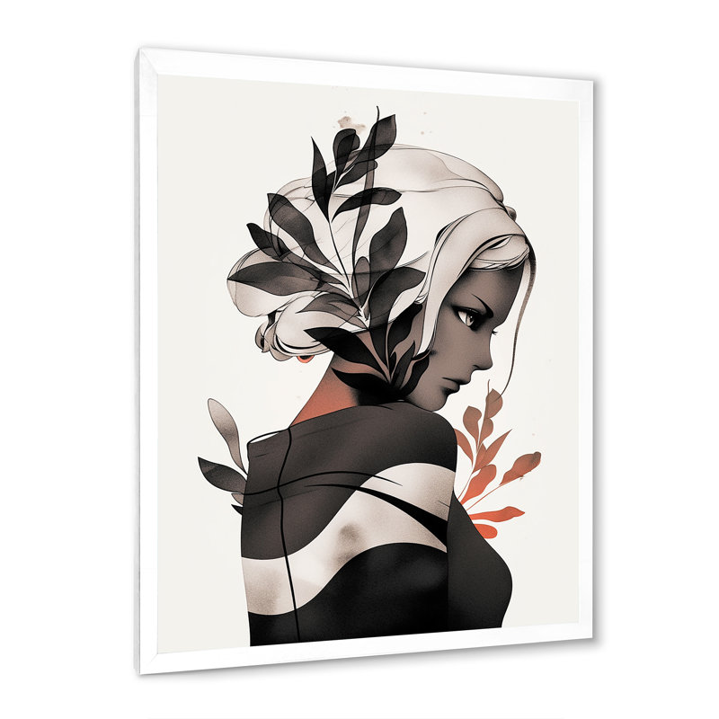 Dessin de femme tropicale, dessin I, Cadre simple blanc, H 32 po x l 16 po x P 1 po