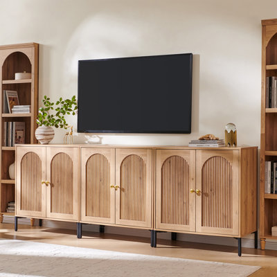 Meuble télé moderne de 34 po de hauteur avec tablettes réglables, meuble télé de style Mid-Century avec portes arquées cannelées, meuble multimédia pour le salon