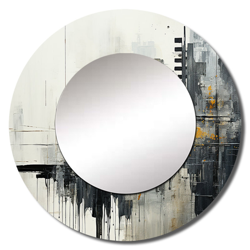 Paayal Abstract Cityscape III - miroir abstrait de collages, miroir mural rond unique jaune, impression sur métal