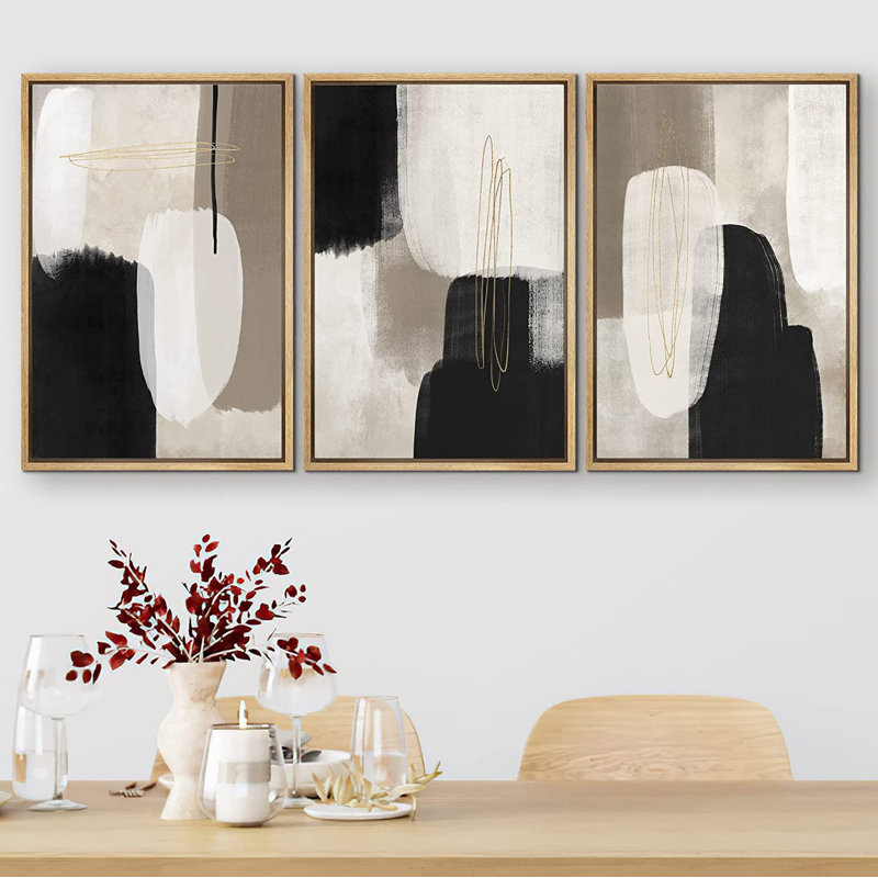 Ensemble de 3 peintures sur toile avec cadre flottant, H 36 po x l 72 po x P 1,5 po, Naturel