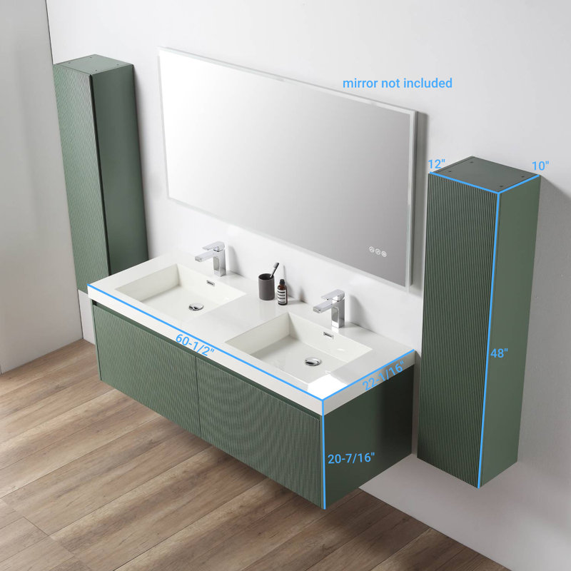 60" Wall Mounted Double Bathroom Vanity with Acrylic Vanity Top and 2 Side Cabinets, Aventurine Green