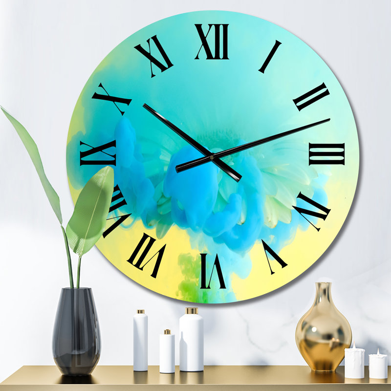 «Turquoise Ink Art» sur jaune - horloge murale moderne, Surdimensionné