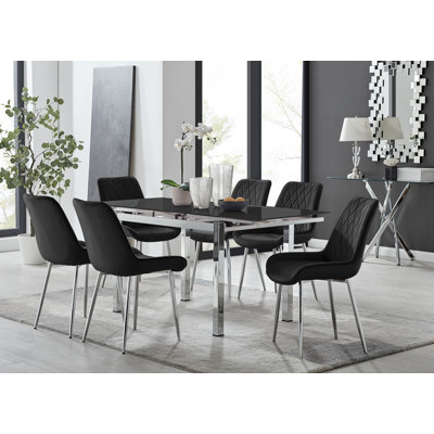 Tierra Modern Glass & Metal Extendable Dining Table Set & 6 Luxury Upholstered Velvet Dining Chairs