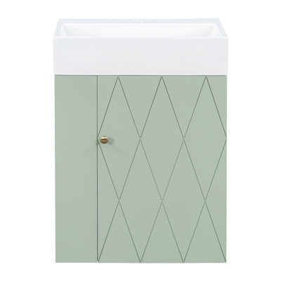 Meuble-lavabo de 20 po avec lavabo en céramique, porte à motif de losanges, poignées et tablettes de rangement latérales - petit cabinet moderne avec barre à serviettes, fabrication en panneau de fibres à densité moyenne, assemblage requis