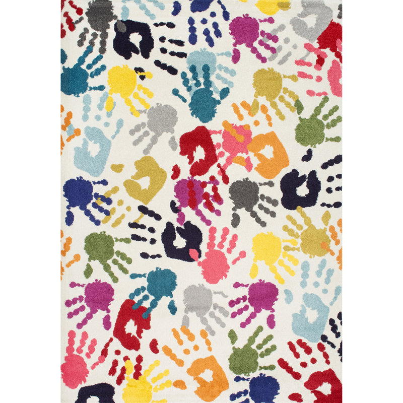 Devante Contemporary Hands Power Loom Performance White/ Multi Rug, Rectangle 8' x 10'