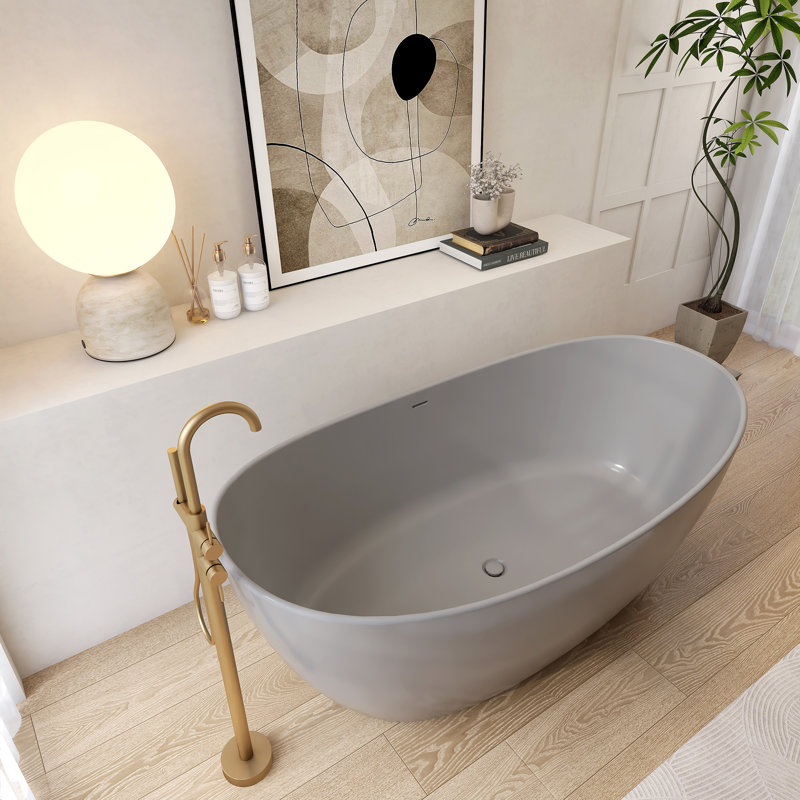 64.96" Freestanding Soaking Solid Surface Bathtub, Light Gray