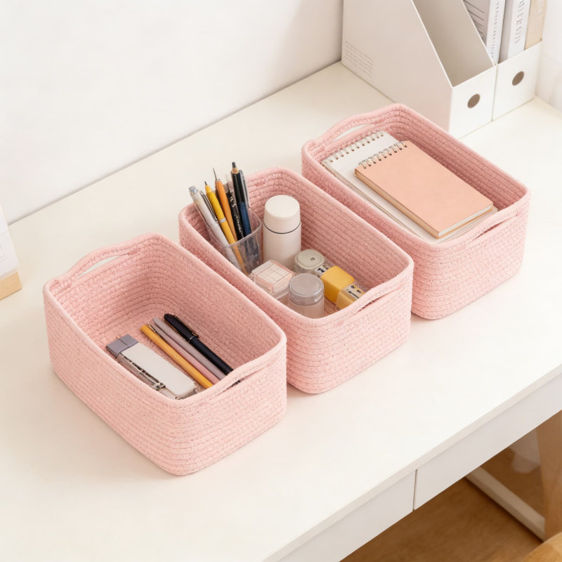 Woven Rope Storage Baskets 3-Pack, Collapsible Organizer Bins For Shelves, Closet, And Home Organization, Rectangular Decorative Baskets For Towels, Toys, And Essentials