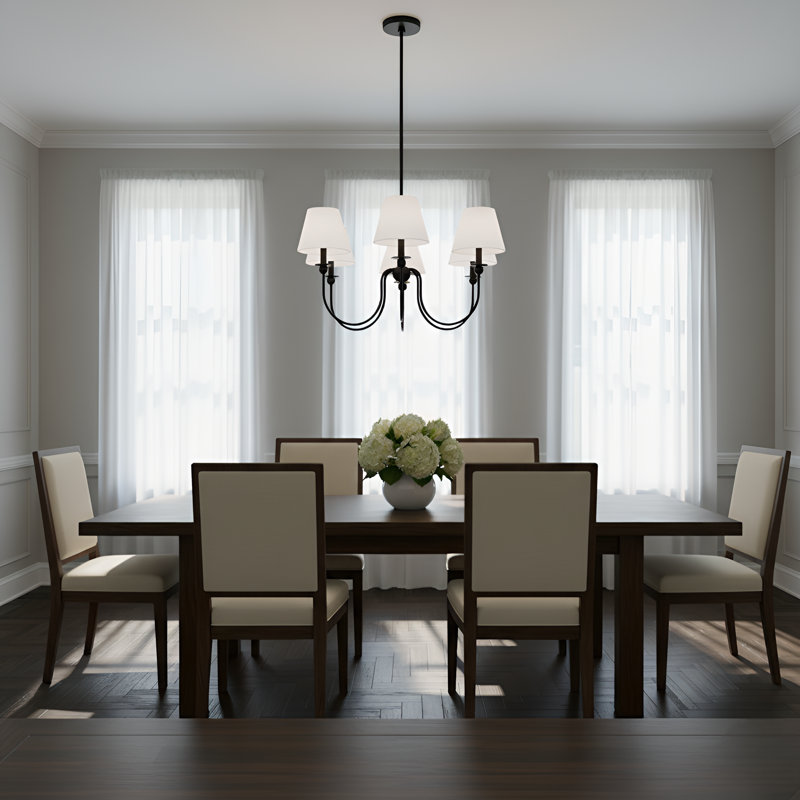 Elsay Dining Room Chandelier With White Linen Shade, 5 Lights, 23.5" H x 27" W x 27" D, Midnight Black