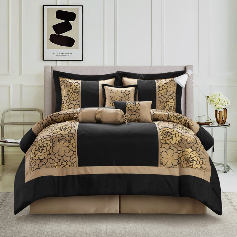 Ensemble d'édredon jacquard 7 pièces Sibyl, Édredon de très grande taille et 6 pièces suppl, Noir / or