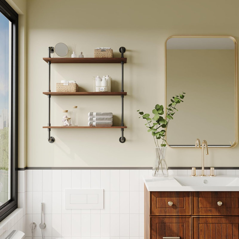 3-Tier Industrial Pipe Floating Shelf – Rustic 30 inch Wood Wall-Mounted Storage Shelf