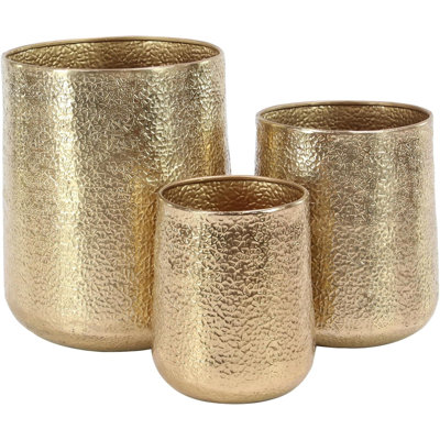 Hammered Design Aluminum Metal Planter Set Of 3, Large Indoor Outdoor Plant Pots With Luxurious Satin Gold Finish For Home And Garden Decor