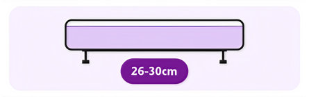 An illustration of a rectangular shelf with black trim and a light purple interior, displayed above a purple pill-shaped badge containing the text 26-30cm.