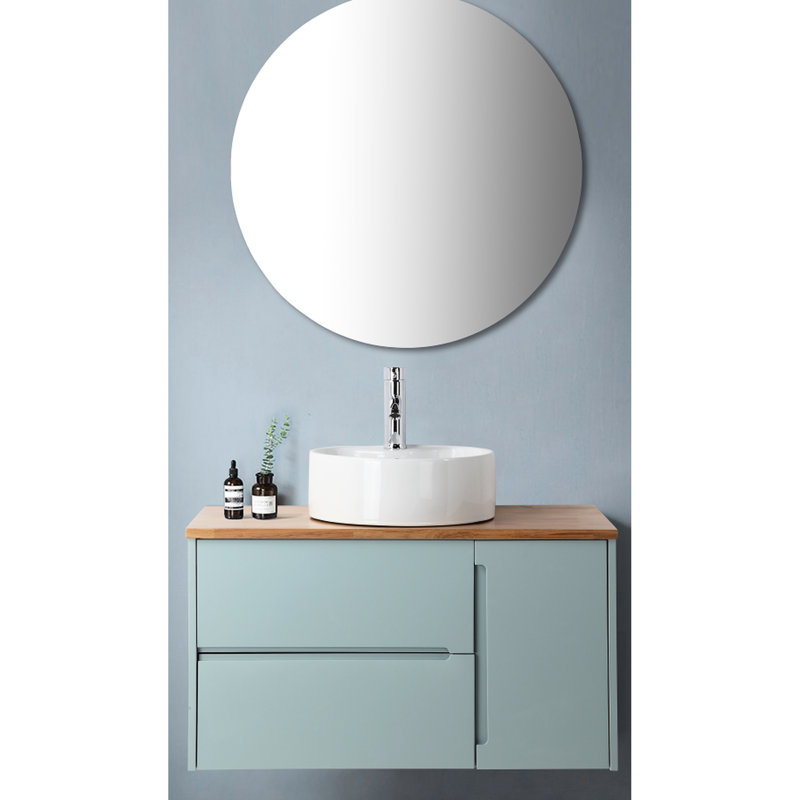 Meuble-lavabo en bois massif de 32 po, double tiroir + porte simple, lavabo rond en céramique, miroir bleu, grand espace de rangement, 40 po x 40 po x 6 po, atmosphère fraîche de 20 lb, largeur de 40 po, poids 20