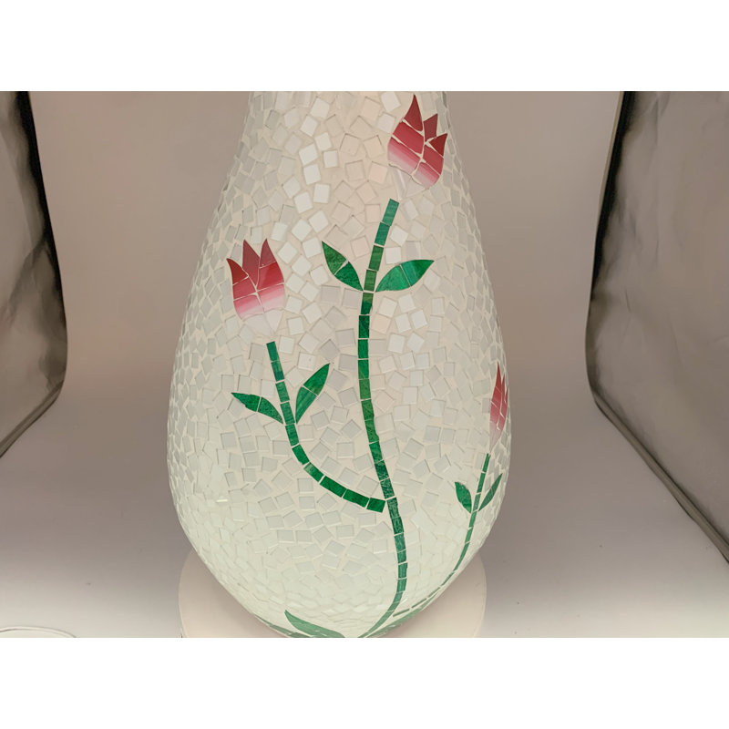 Lark Manor™ Floor Vase, 24 Inch Mosaic Vase – Tall Cylinder Made Of Terracotta With White And Red Glass Flower Mosaic Pieces – Handcrafted Decorative Home Décor Accent Piece For Bedroom, Living Room