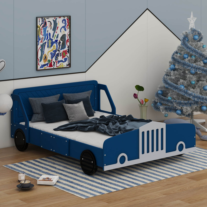 Lit plateforme en forme de voiture avec roulettes, Complet/Double, Bleu