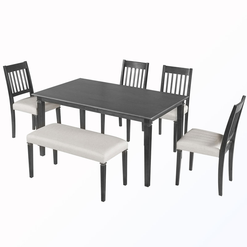 Ensemble de salle à manger 6 pièces avec 4 chaises rembourrées, banc et table, Noir