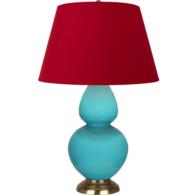 Lampe de table double gourde en céramique, Blanc cassé, Bleu œuf glacé / laiton, Laiton