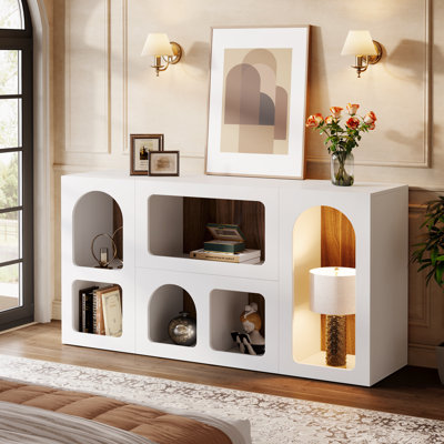 59" White Console Table, Modern Entryway Table with 6 Cube Storage Organizer