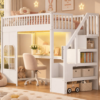 Lit mezzanine avec escalier de rangement, bureau intégré, étagères ouvertes, panneau de fenêtre décoratif, bande lumineuse DEL et port de chargement USB