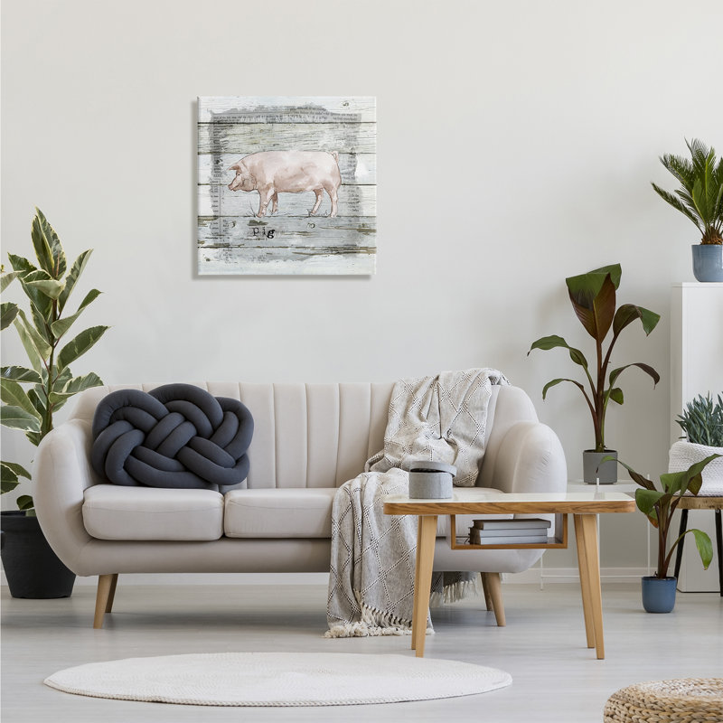 «Country Pink Pig over Book» par Carol Robinson, peinture sur toile, H 24 po x l 24 po, Toile tendue
