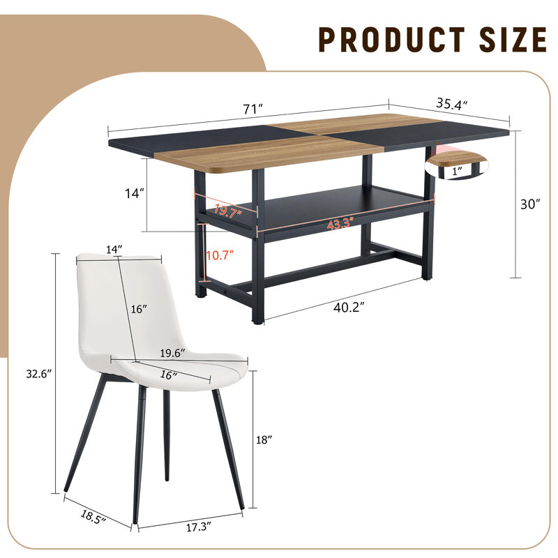 Ensemble de table de salle à manger rectangulaire pour 8 personnes, ensemble de table de salle à manger 71 po avec 8 chaises rembourrées et tablette de rangement, plateau de table en bois avec structure en métal