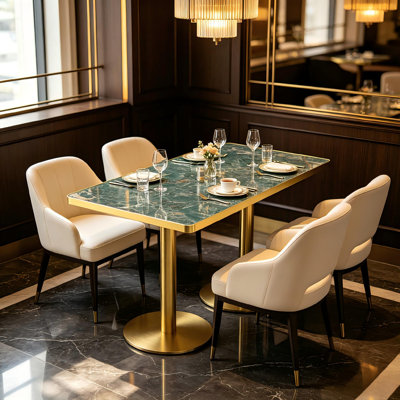 Table de salle à manger moderne de 47 po en pierre frittée, table de cuisine rectangulaire en faux marbre vert avec base en piédestal doré pour 2 à 4 personnes