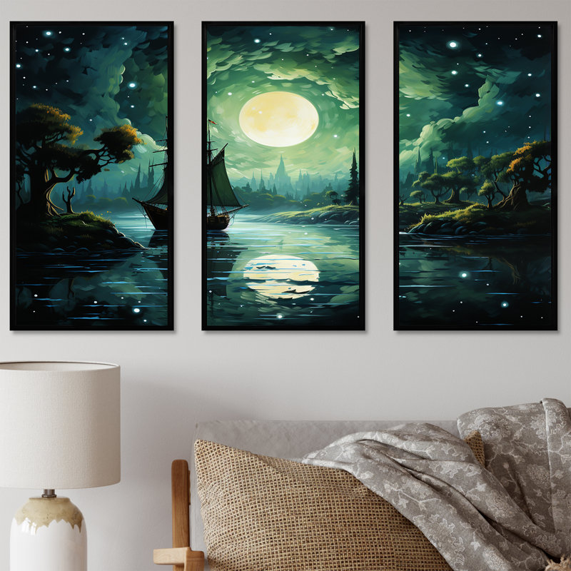 Moonlight Whimsical Pirate Ship Tales I - Pirate Wall Art Living Room Set, Black Floater Framed, 40" H x 60" W x 1" D
