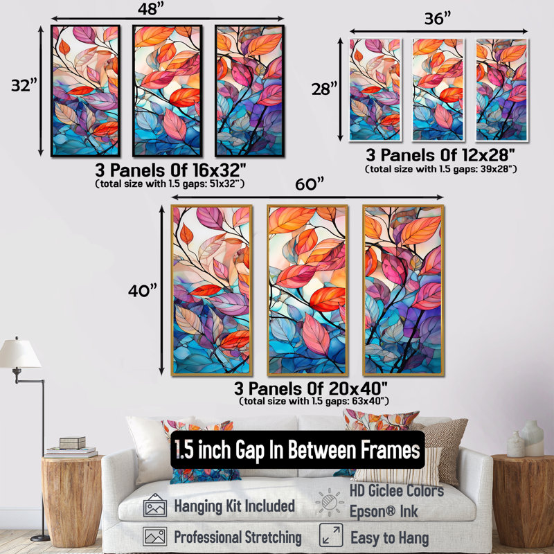 «Leaves Autumn Sunlight Harmony II», ensemble de reproductions d'art mural, Cadre flottant doré, H 40 po x l 60 po x P 1 po