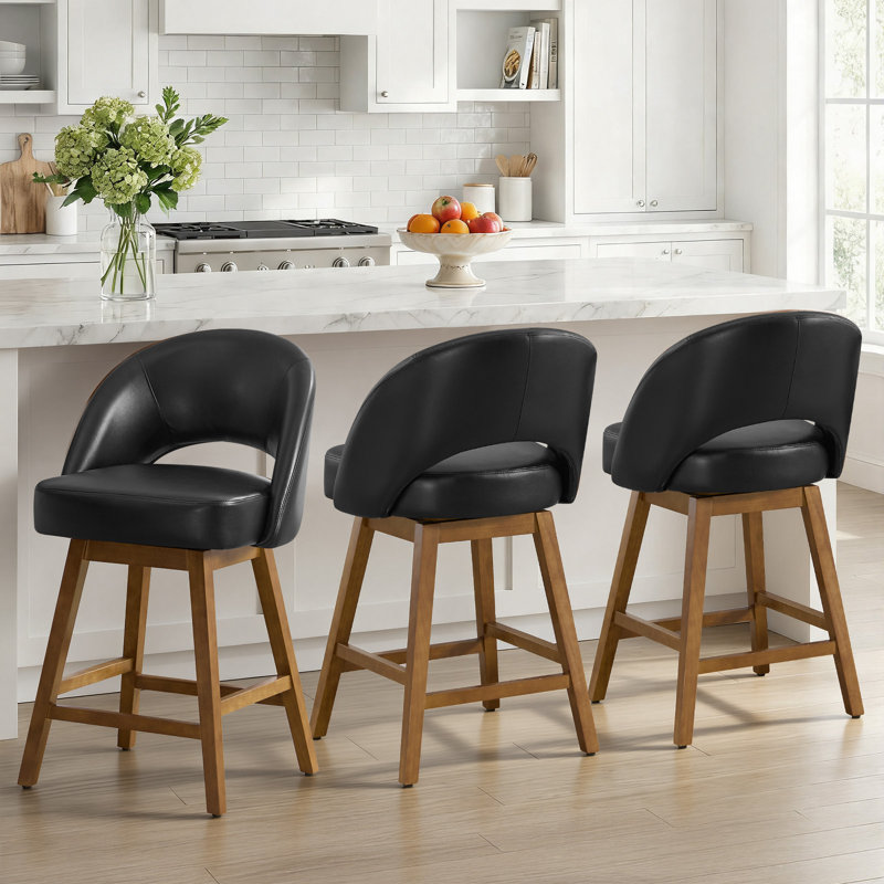 Tabouret de bar pivotant de 26,4 po avec coussin à ressorts ensachés et pieds en bois massif, tabourets de bar rembourrés (ensemble de 3)
